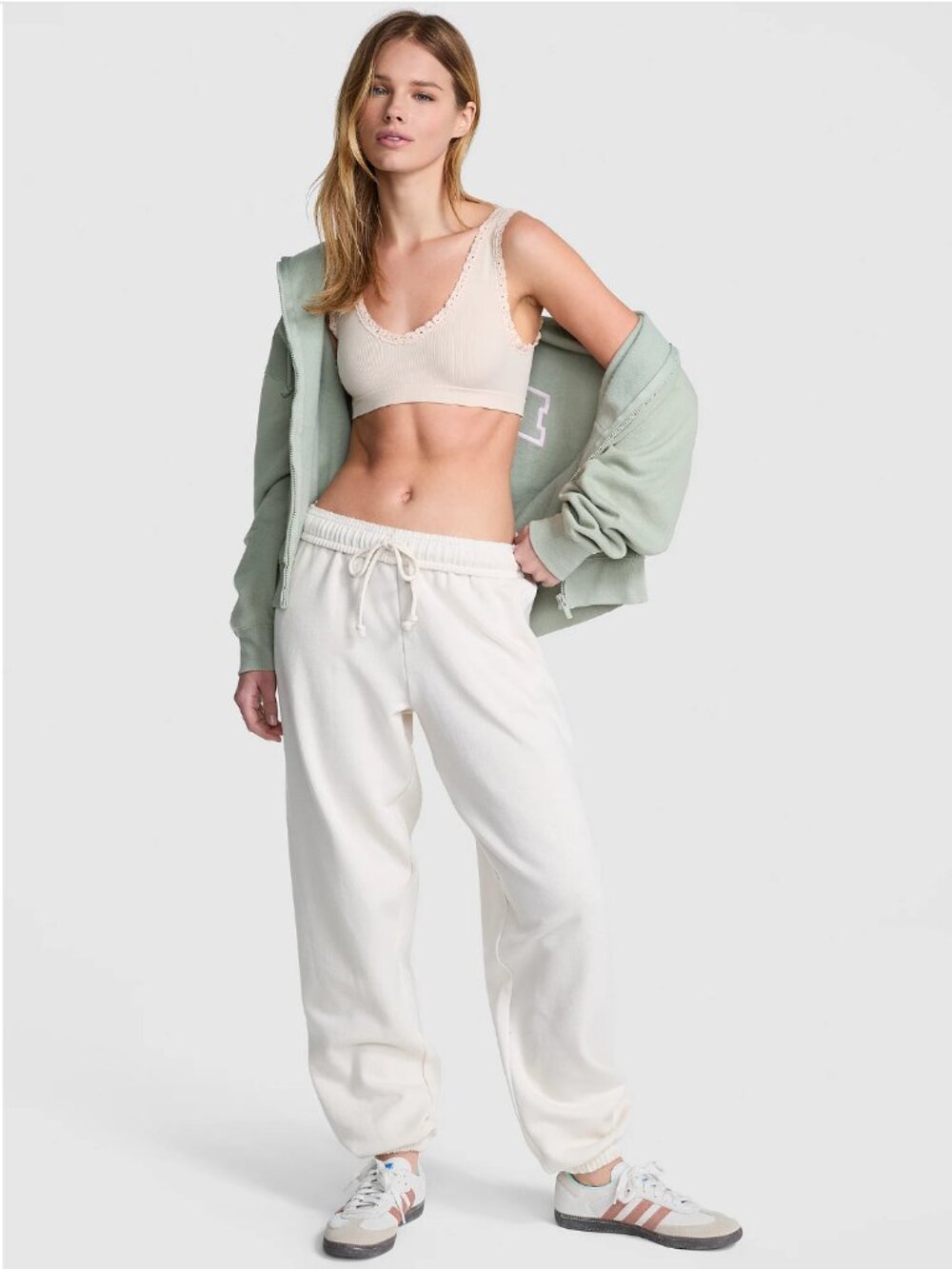 RARE PINK Victoria's Secret Beige Jogger Sweatpants Gold Sparkle Logo XL NWT - Picture 3 of 11